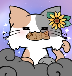 Calico cat sitting on a storm cloud in front of a blue/purple gradient sparkly background. Has taiyaki in it's mouth and a sunflower on one ear.