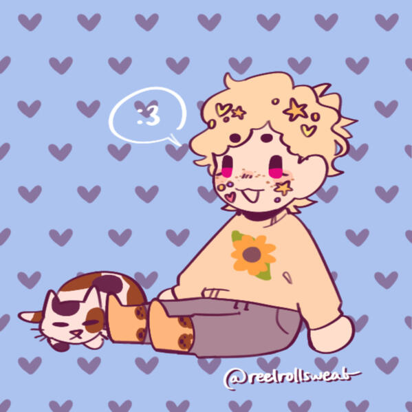 Calico cat sitting on a storm cloud in front of a blue/purple gradient sparkly background. Has taiyaki in it's mouth and a sunflower on one ear.